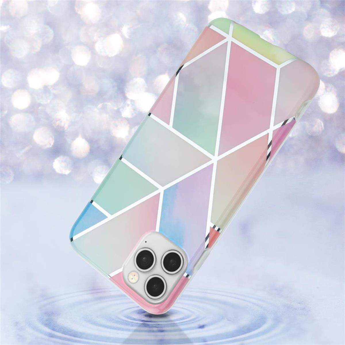 Una custodia per telefono con forme geometriche colorate su uno sfondo scintillante, con effetto acqua.