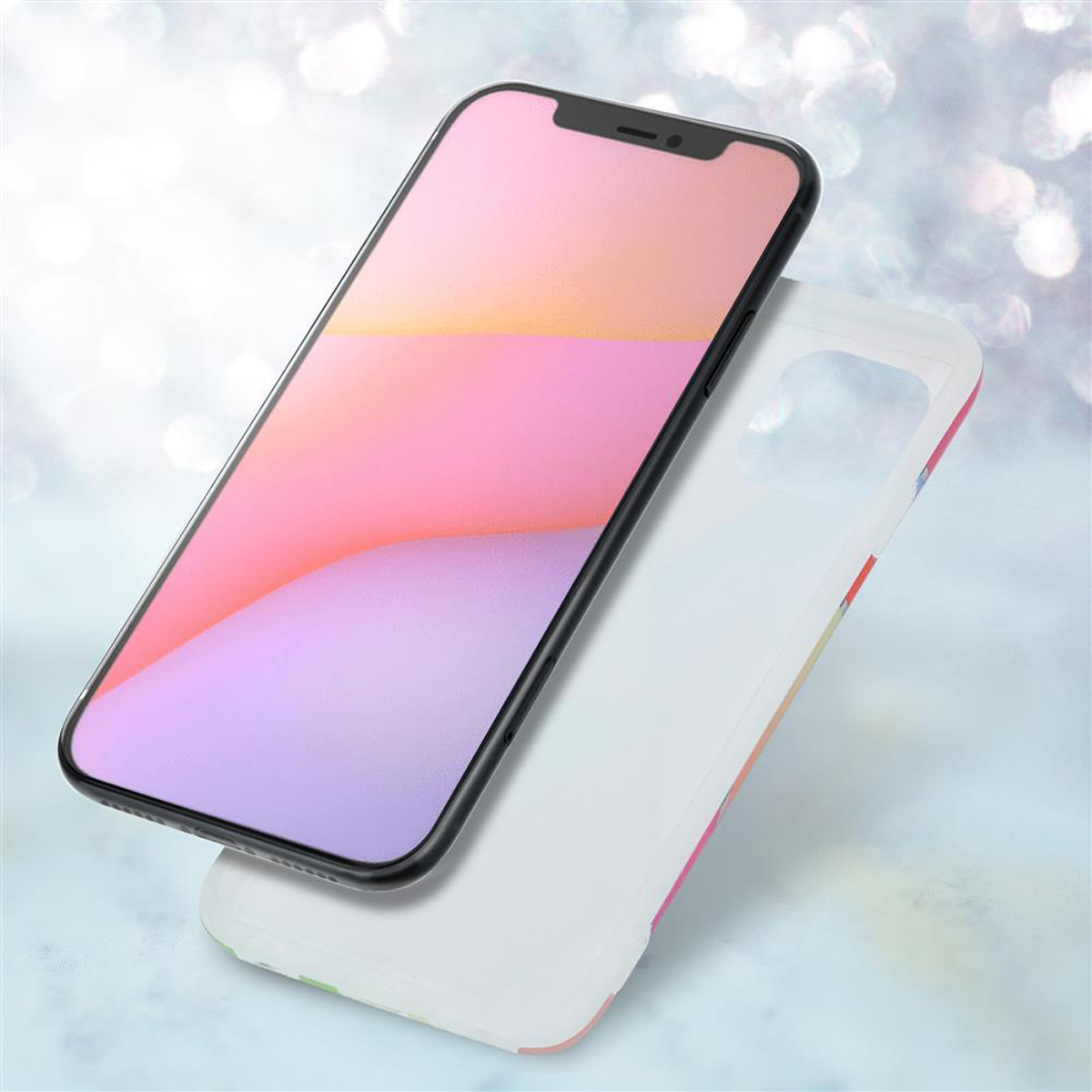 Telefono in una custodia con un design colorato. Lo schermo mostra una sfumatura colorata.