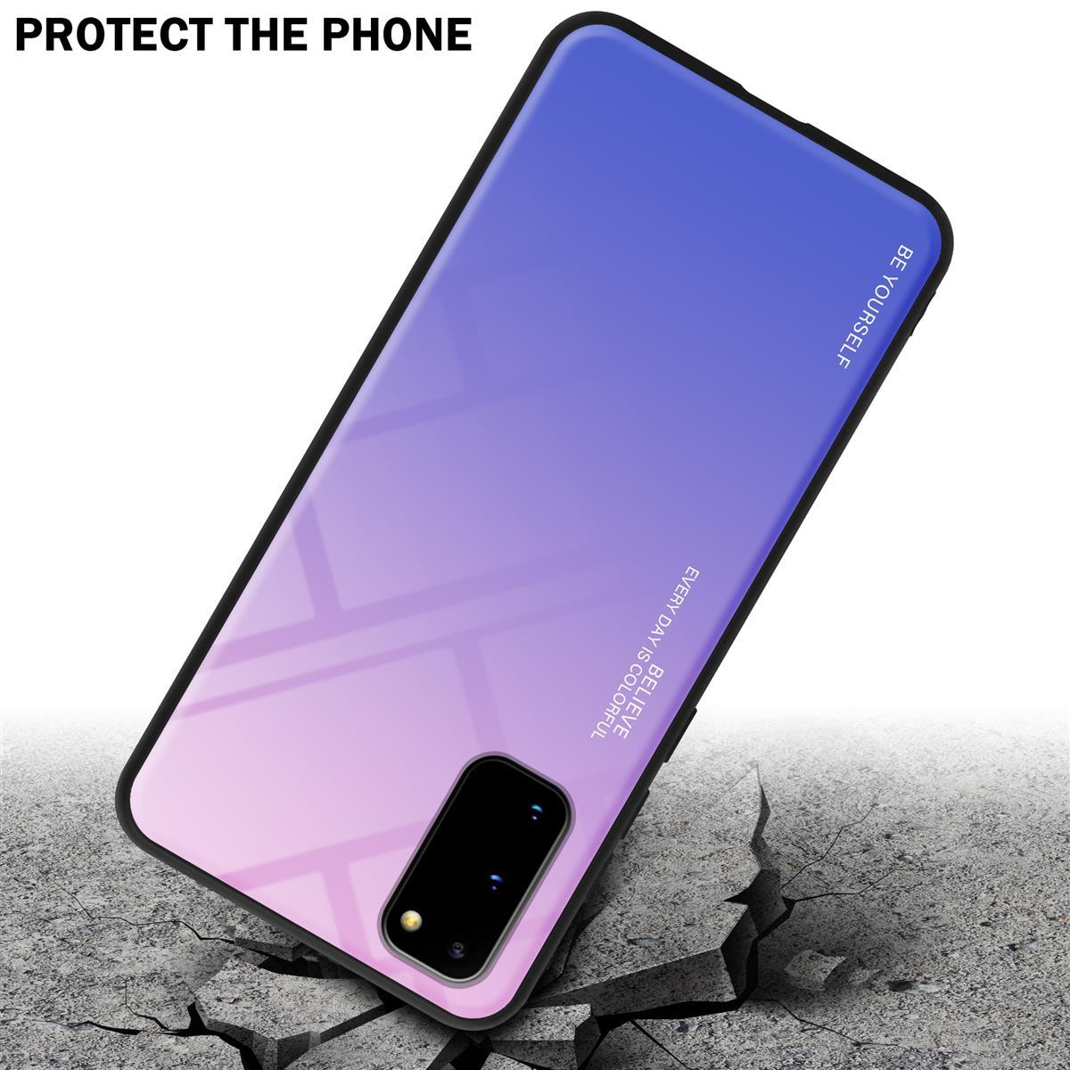 Custodia per telefono con gradiente viola-blu. Testo sulla custodia: 'BE YOURSELF', 'EVERY DAY IS COLORFUL'.