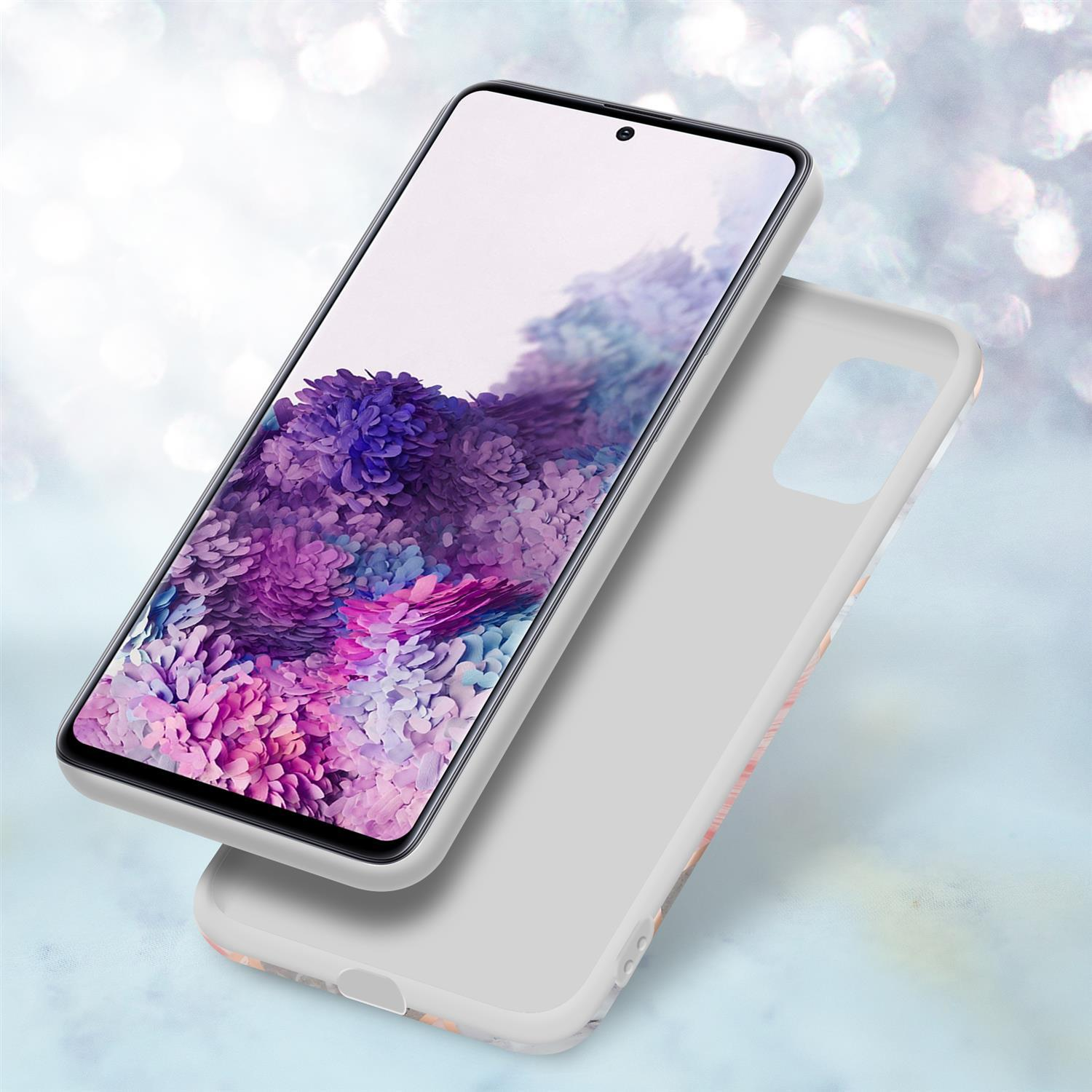 Telefono in una custodia, entrambi su una superficie con sfondo sfocato. Lo schermo del telefono mostra fiori.