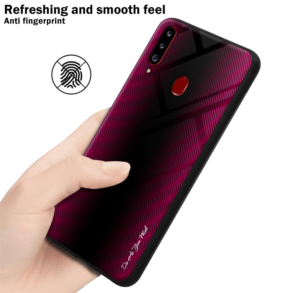 Mano che tiene una custodia per telefono con un design sfumato rosa e nero, grafica delle impronte digitali.