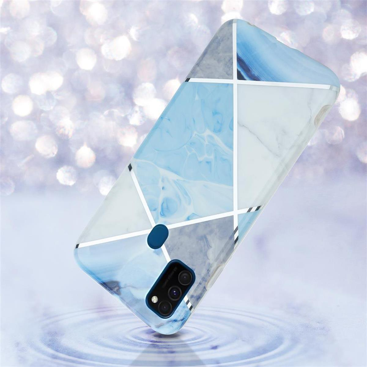 Una custodia per telefono con un design a marmo blu e bianco. Lo sfondo è un effetto acqua sfocato.