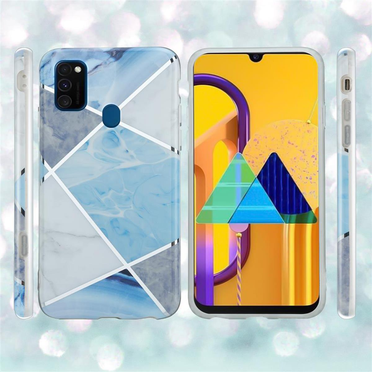Custodie per telefono con design marmorizzato in azzurro e bianco con un telefono a destra.