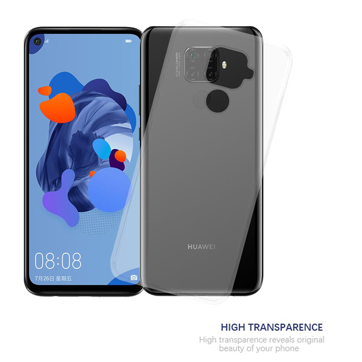Ein Telefon mit transparenter Hülle liegt neben seinem Bildschirm mit blauem, abstraktem Design.