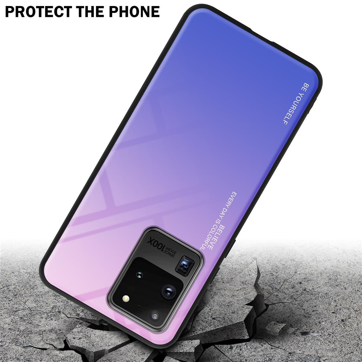 Custodia sfumata viola e rosa su cemento crepato. Testo: 'Protect the phone'.