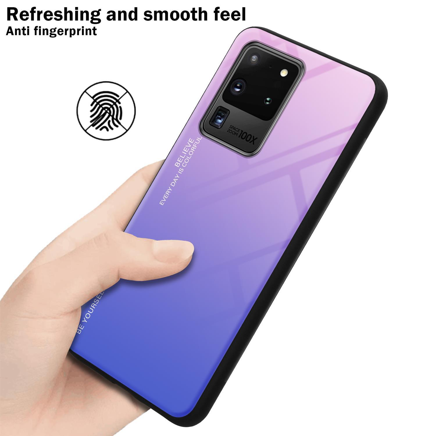 Mano che tiene una custodia per telefono con sfumatura viola. Icona dell'impronta digitale e testo in alto. La custodia ha un bordo nero.