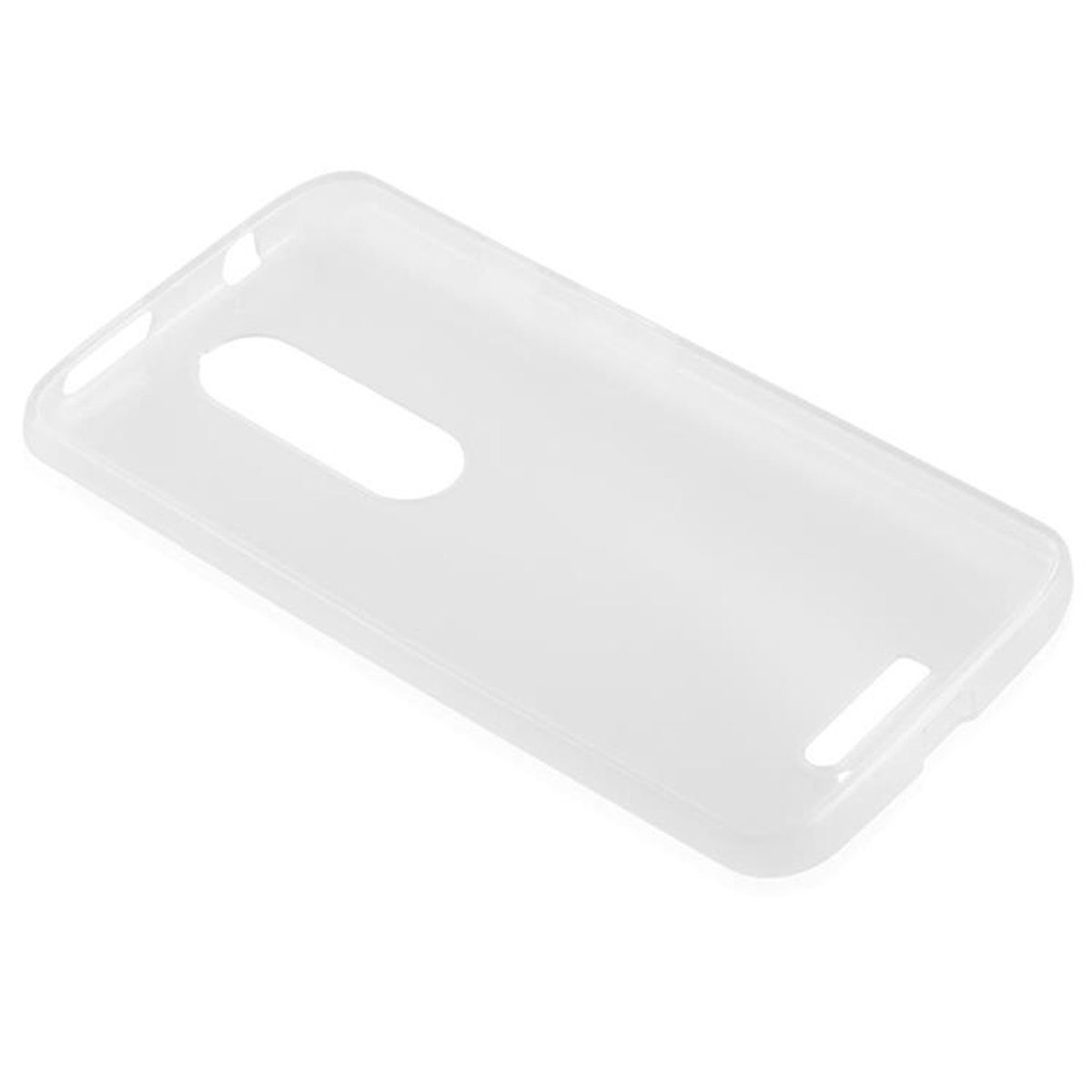 Funda transparente blanca para teléfono. Rectangular con huecos para cámara y botones.