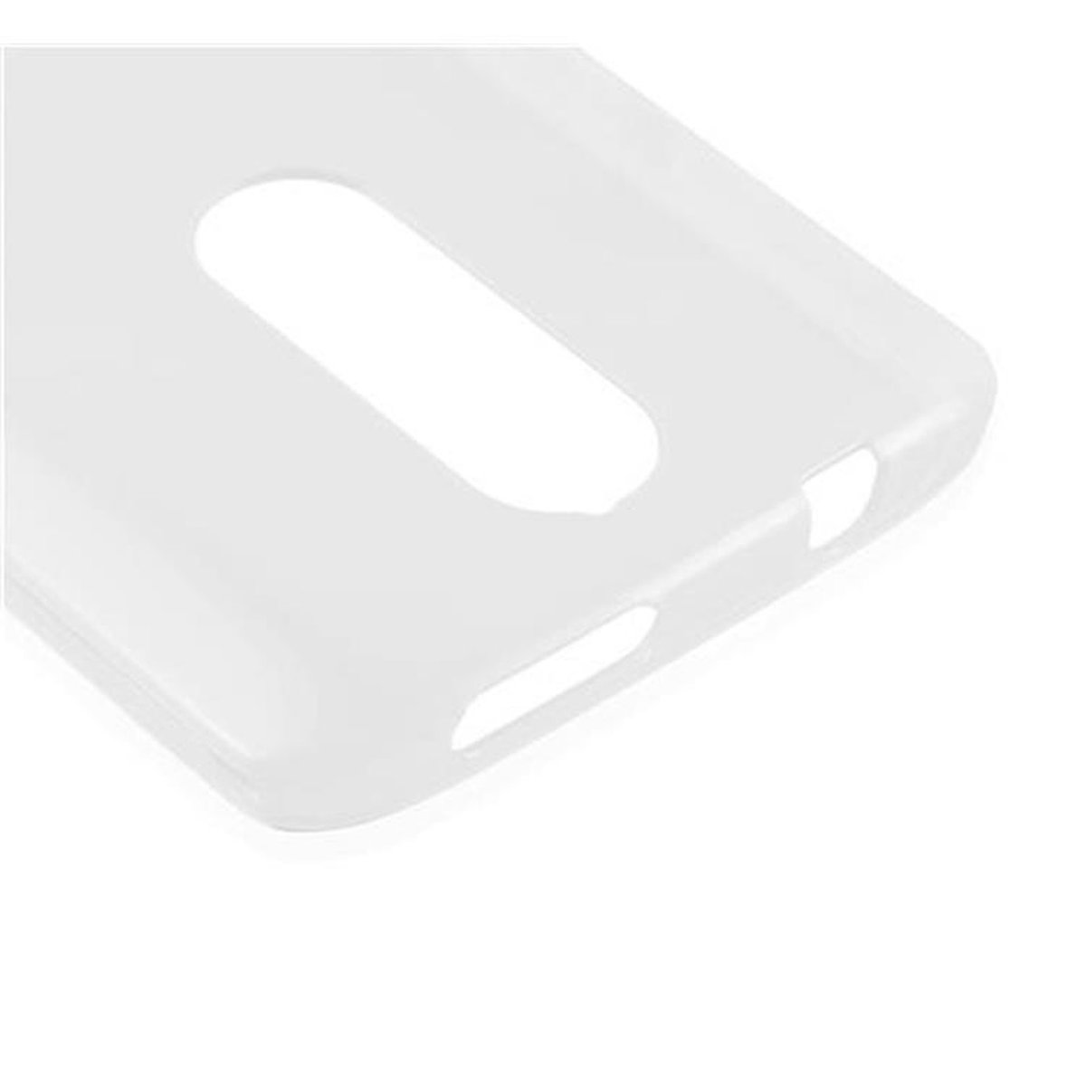 Funda de teléfono blanca con recortes para el puerto de carga y otras funciones del teléfono.