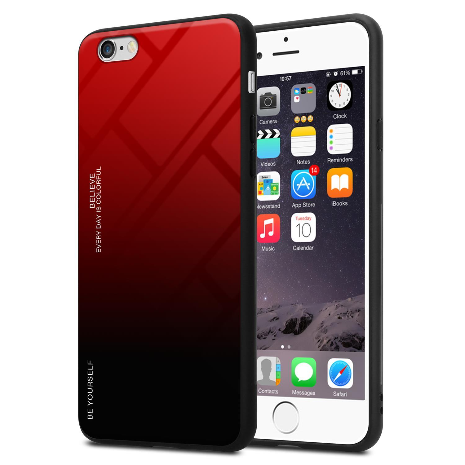 Funda para teléfono roja y negra, con la pantalla del teléfono mostrando aplicaciones y el texto "Believe Everyday Is Colorful".