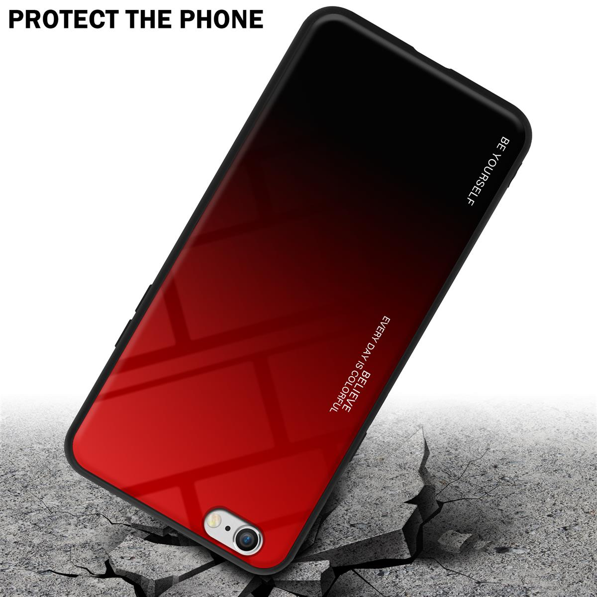 Funda de teléfono con degradado rojo y negro. La funda está sobre una superficie agrietada.