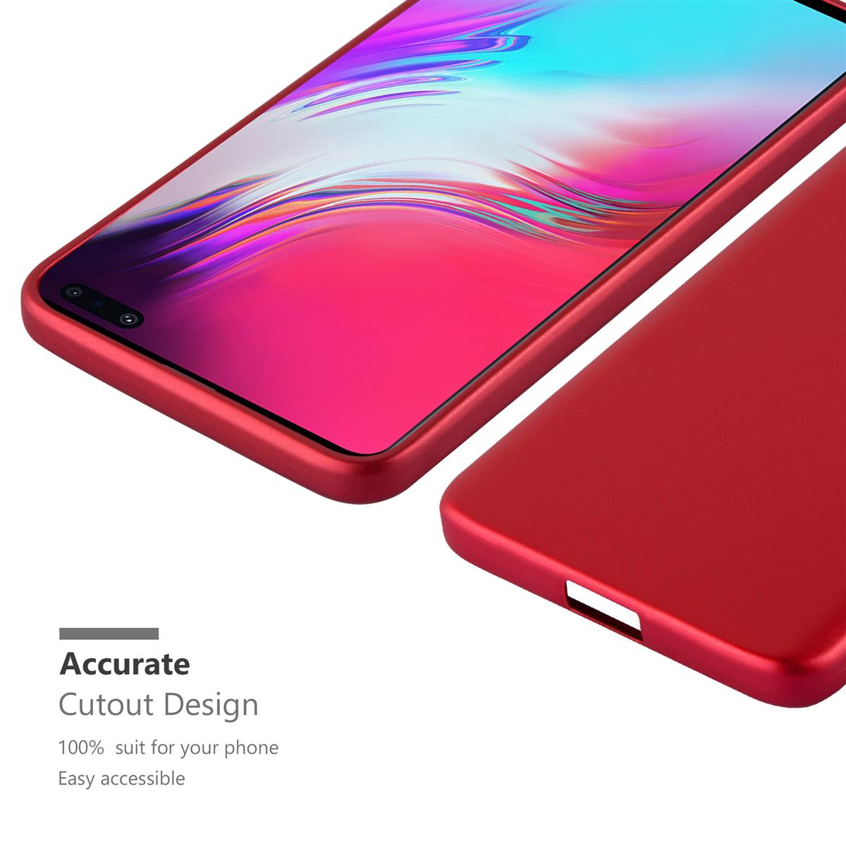 Custodia per telefono rossa con un telefono. Il telefono è ritagliato per un facile accesso. Il testo dice design di ritaglio accurato.