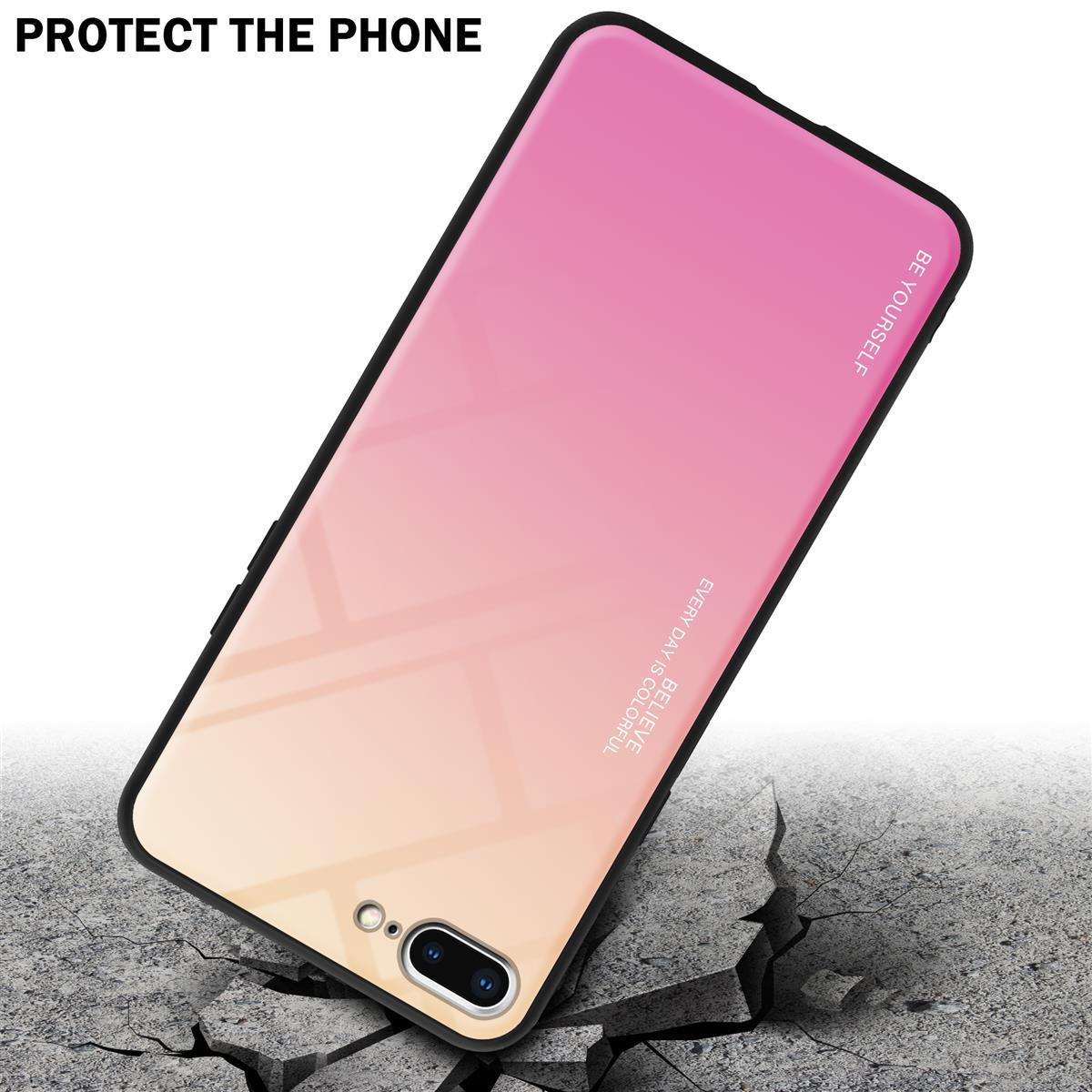 Custodia per telefono rosa e gialla con sfondo in cemento crepato.