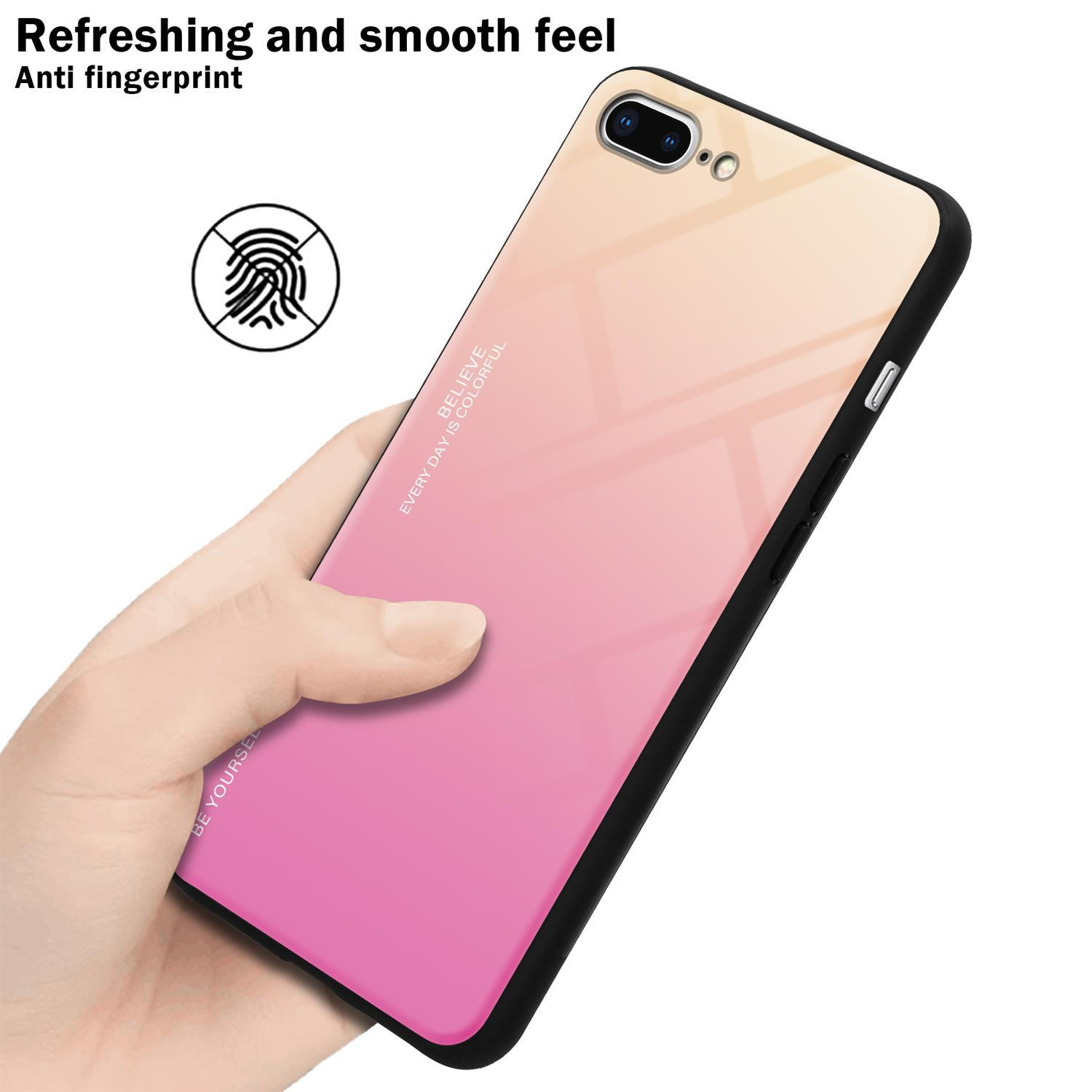 Mano che tiene una custodia per telefono con un gradiente rosa e giallo, con un simbolo di impronta digitale sopra. La custodia ha un bordo nero.
