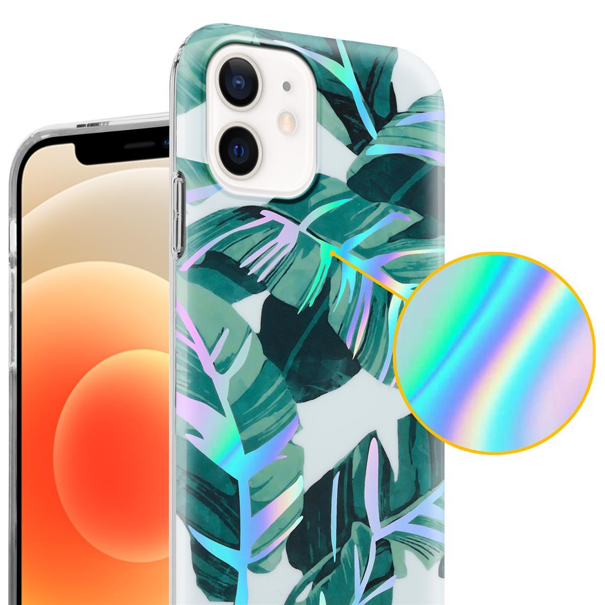 Telefono in una custodia con foglie e fiori verdi, effetto iridescente in un cerchio.