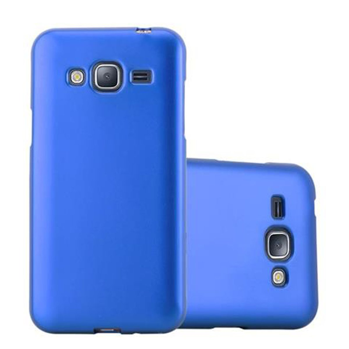 Funda azul junto a un teléfono. La funda tiene una superficie lisa y cubre la parte trasera del teléfono.
