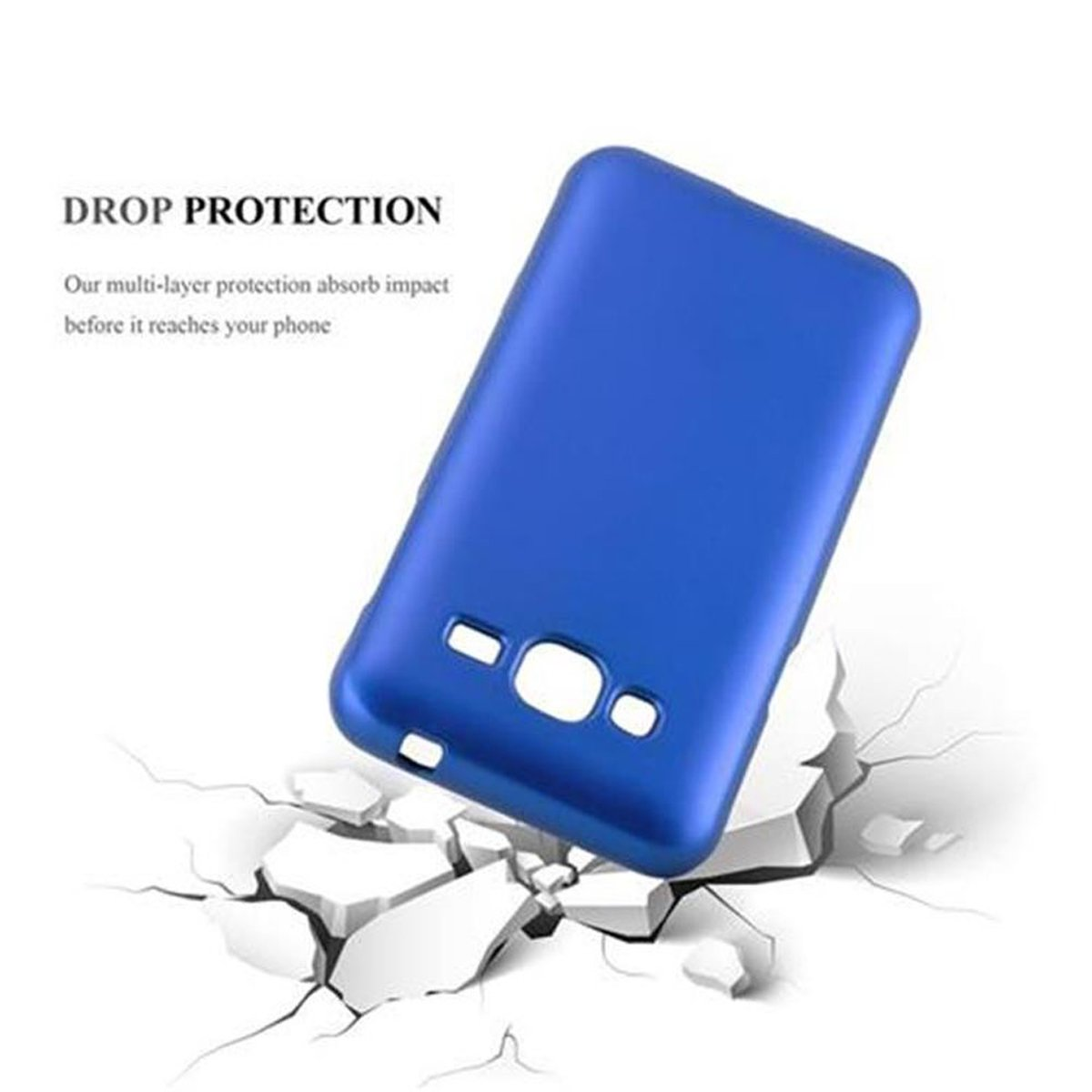 Funda de teléfono azul sobre superficie agrietada, mostrando protección contra caídas.