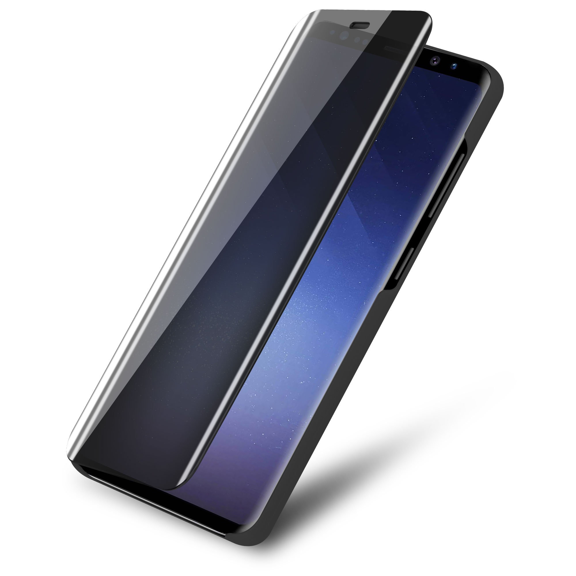 Un telefono nero con una protezione per lo schermo. Lo schermo mostra uno sfondo blu e nero.