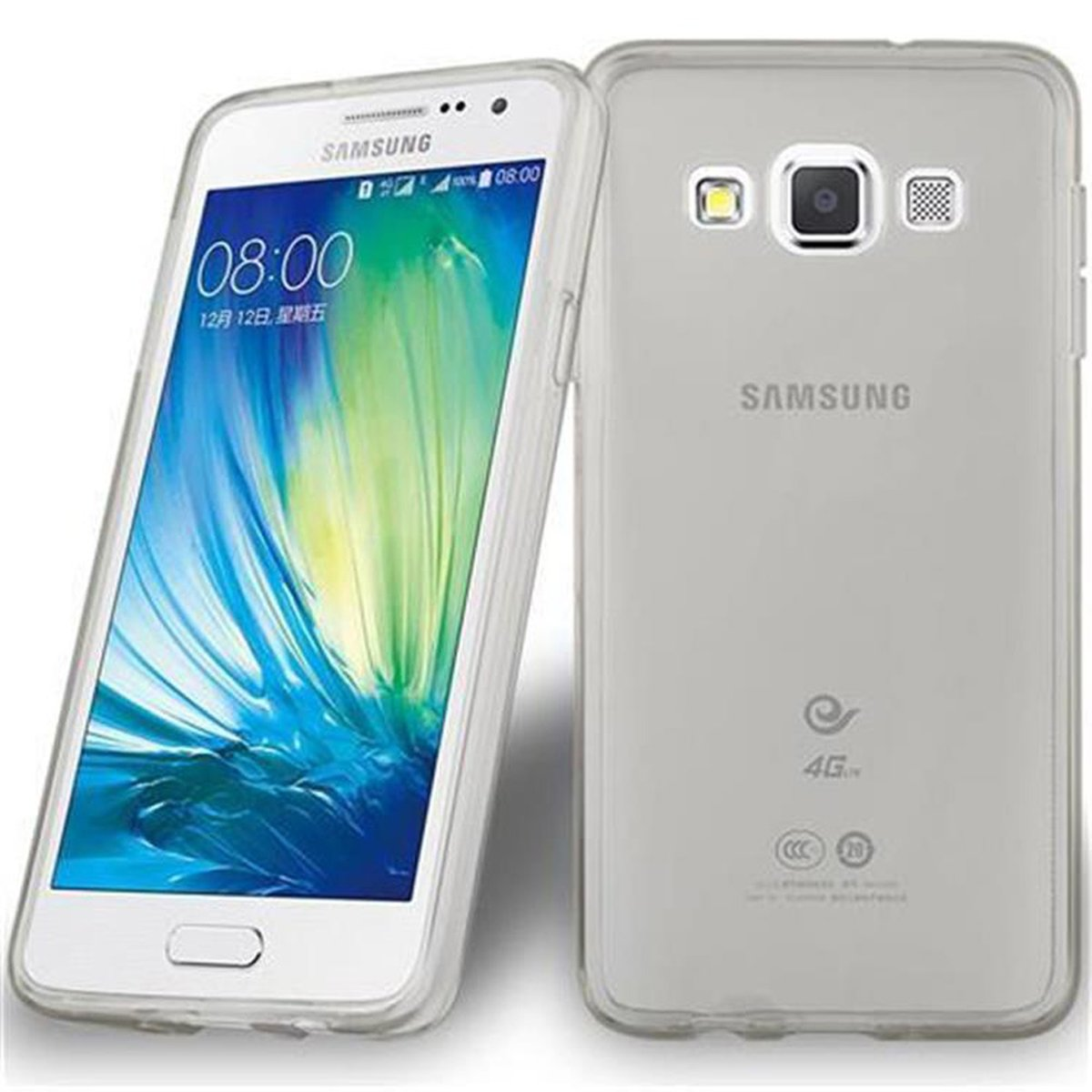 Ein Samsung-Telefon mit einer durchsichtigen Hülle. Der Bildschirm zeigt die Uhrzeit 08:00.