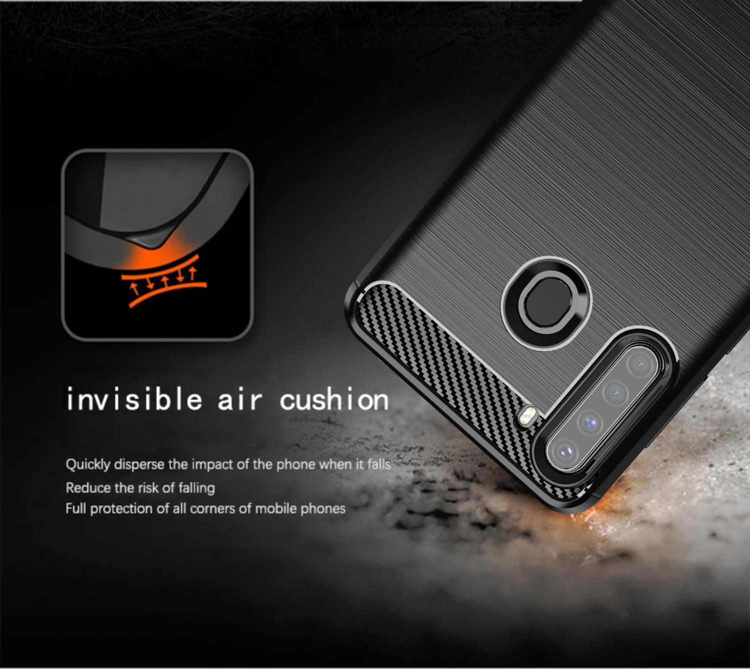 Custodia per telefono nera con design strutturato. Testo: 'invisible air cushion'. Include un diagramma.