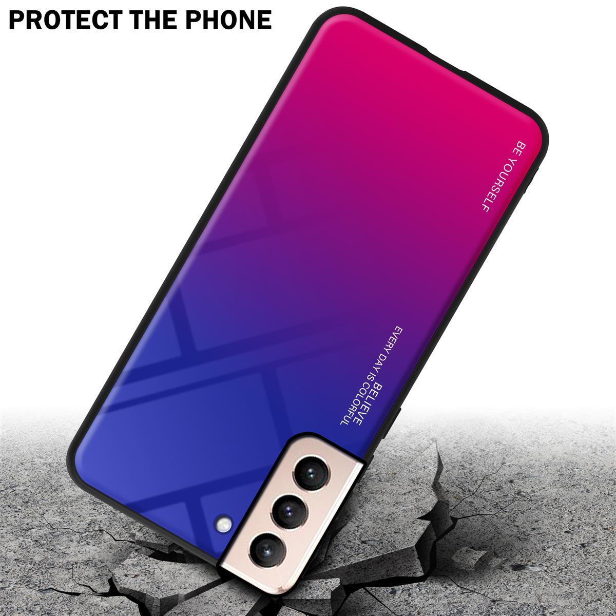 Telefon in einer Hülle mit rotem bis blauem Farbverlauf. Das Telefon liegt auf einer zerbrochenen Oberfläche.