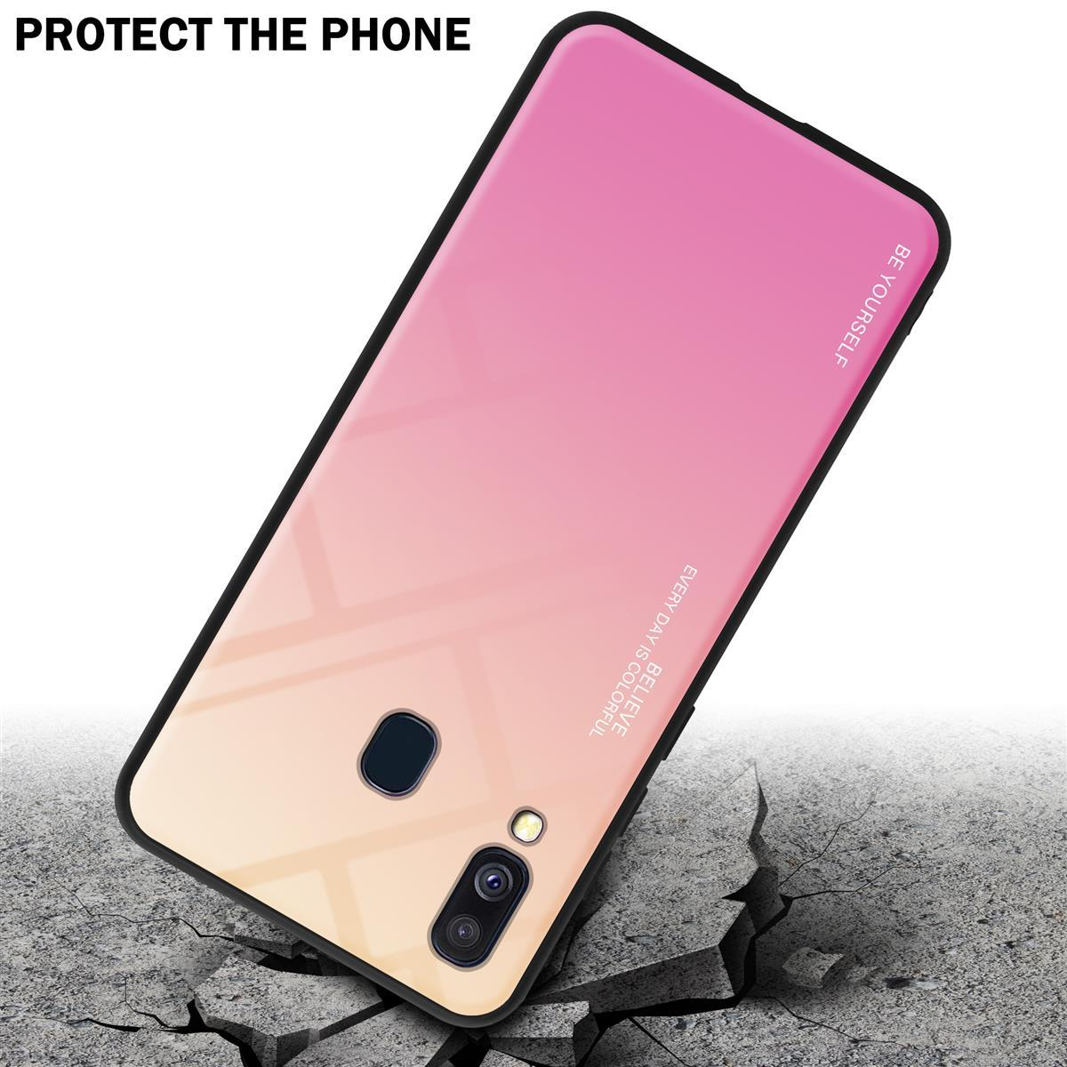 Handyhülle mit rosa-gelbem Farbverlauf, mit einem darunter liegenden Riss und den Worten PROTECT THE PHONE.