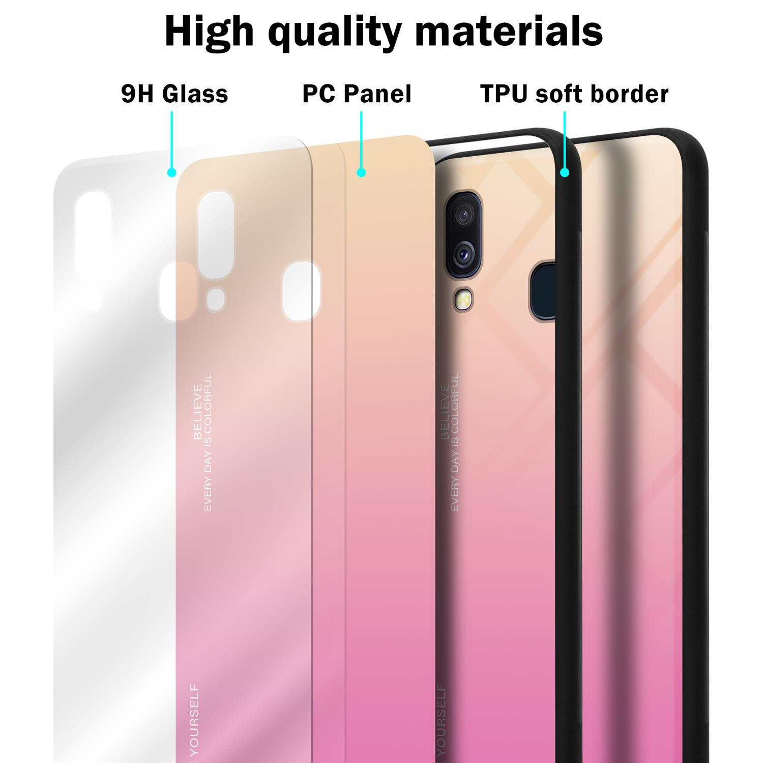 Eine transparente Handyhülle, die Materialschichten zeigt. Die Schichten sind 9H-Glas, PC-Panel und TPU-Rand.