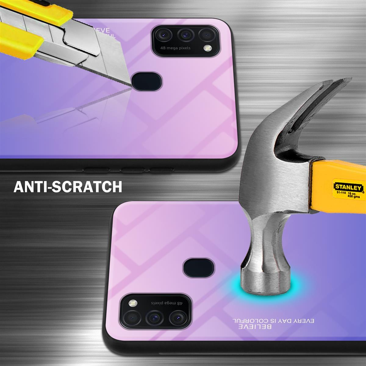 Custodia per telefono con martello e taglierino. Testo: Antigraffio. Resistenza del telefono.