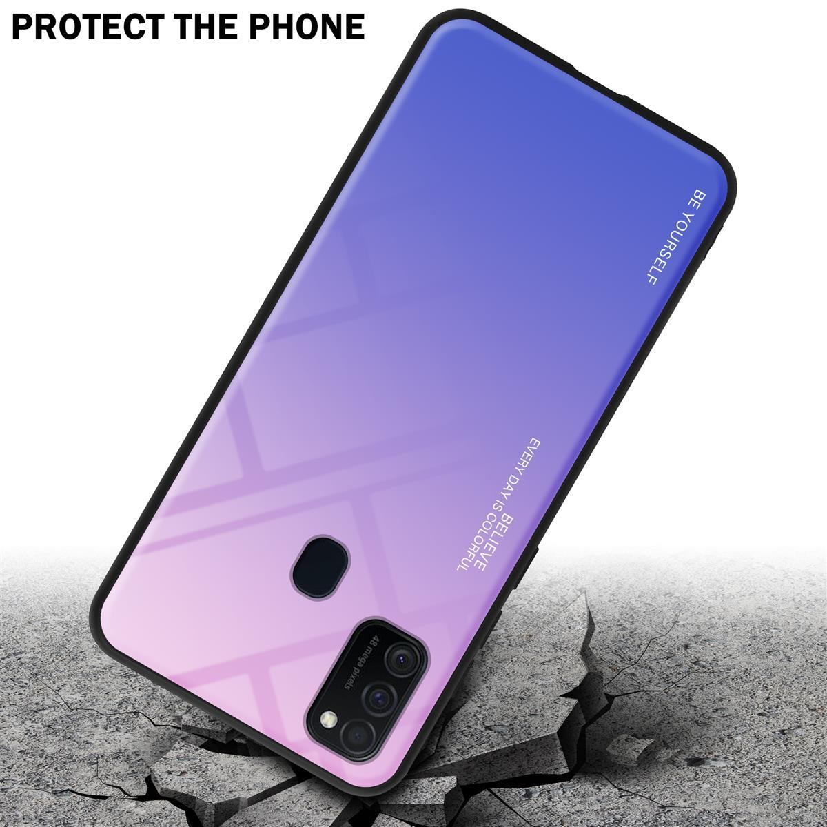 Custodia per telefono con sfumatura viola-rosa angolata su superficie di cemento crepata.