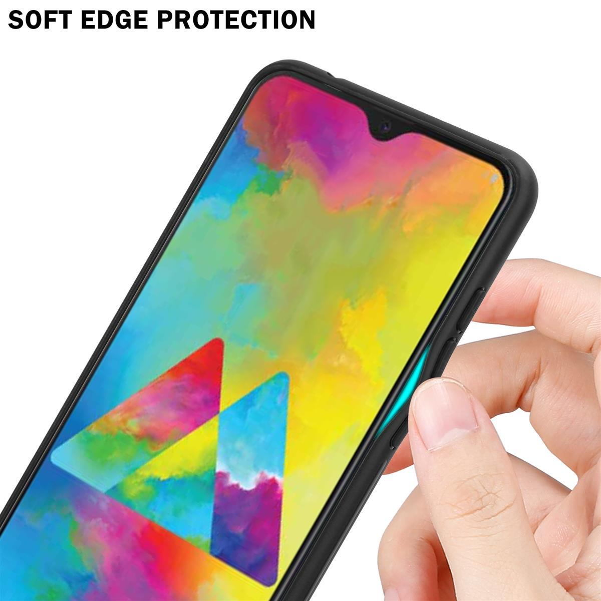 La mano di una persona che tiene un telefono con una custodia nera. Lo schermo mostra un design astratto colorato.