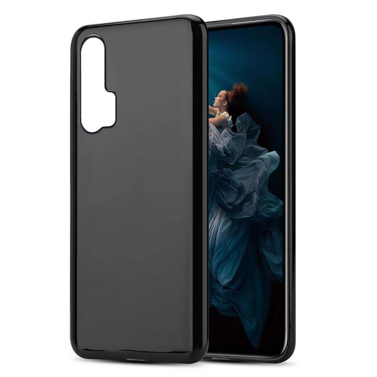 Custodia nera con telefono nero. Lo schermo mostra una donna in un vestito.
