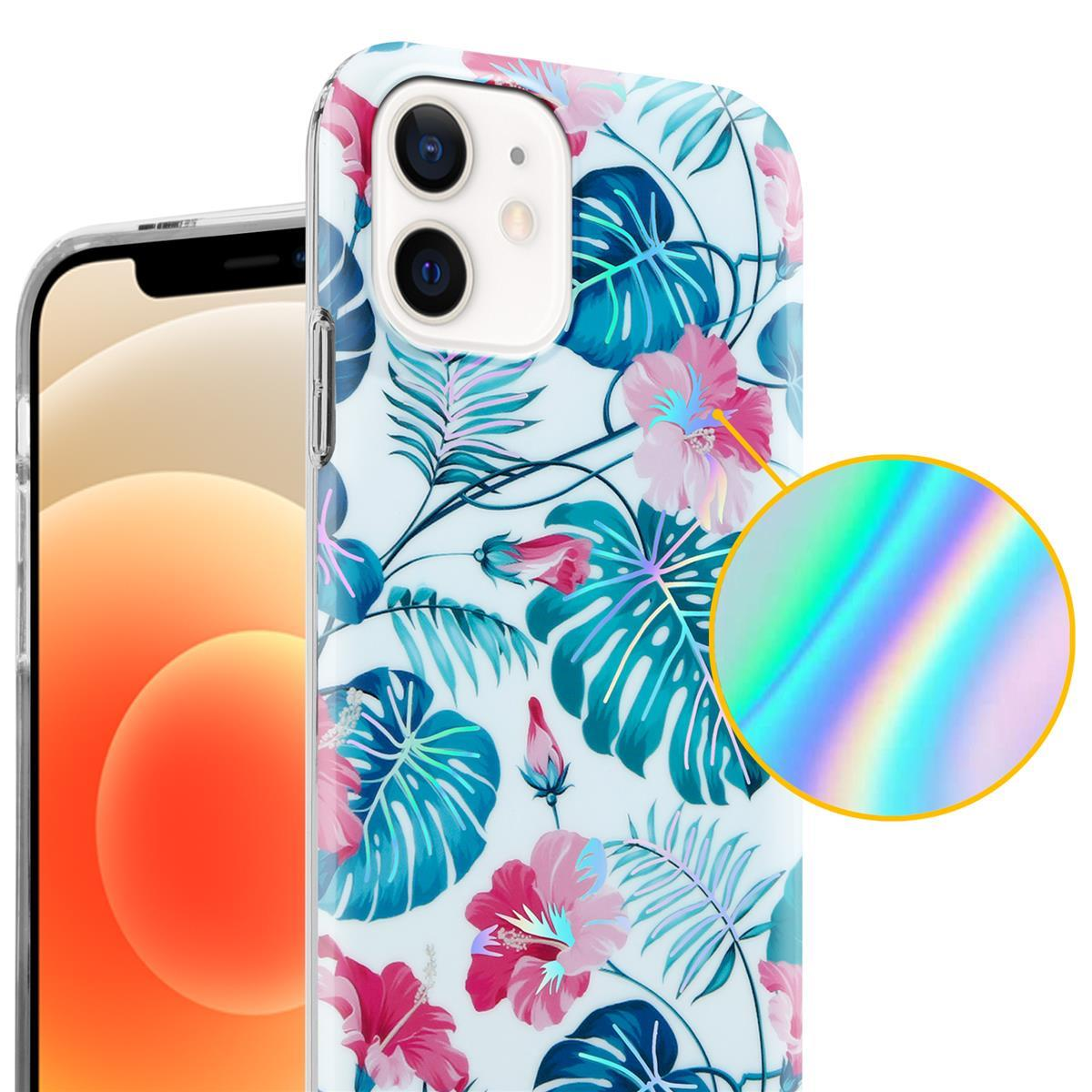 Custodia per telefono con motivo floreale su sfondo bianco. La custodia ha un lato trasparente, che mostra il design del telefono.