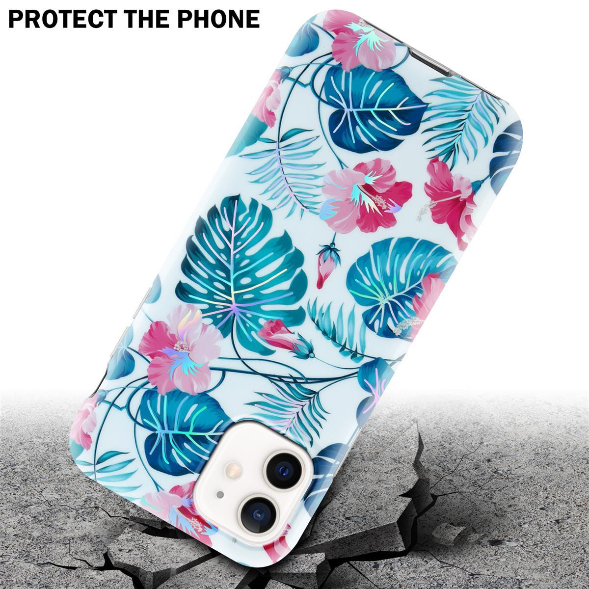 Una custodia per telefono con un design floreale, con fiori rosa e rossi, su una superficie di cemento screpolata.