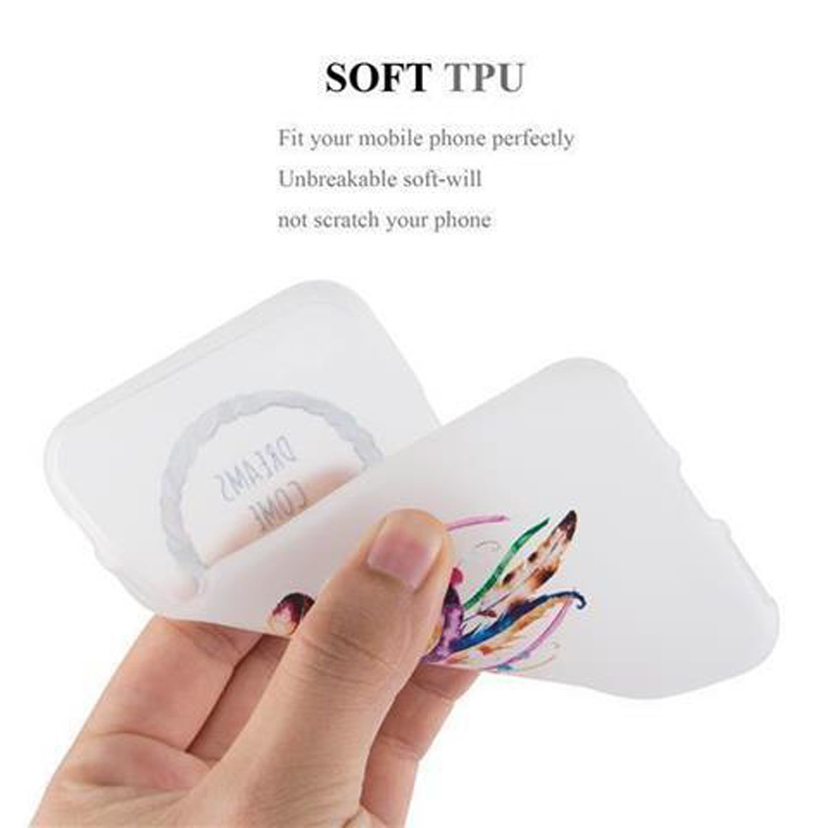 Mano che tiene una custodia trasparente con un design a farfalla. Il testo in alto dice 'SOFT TPU'.