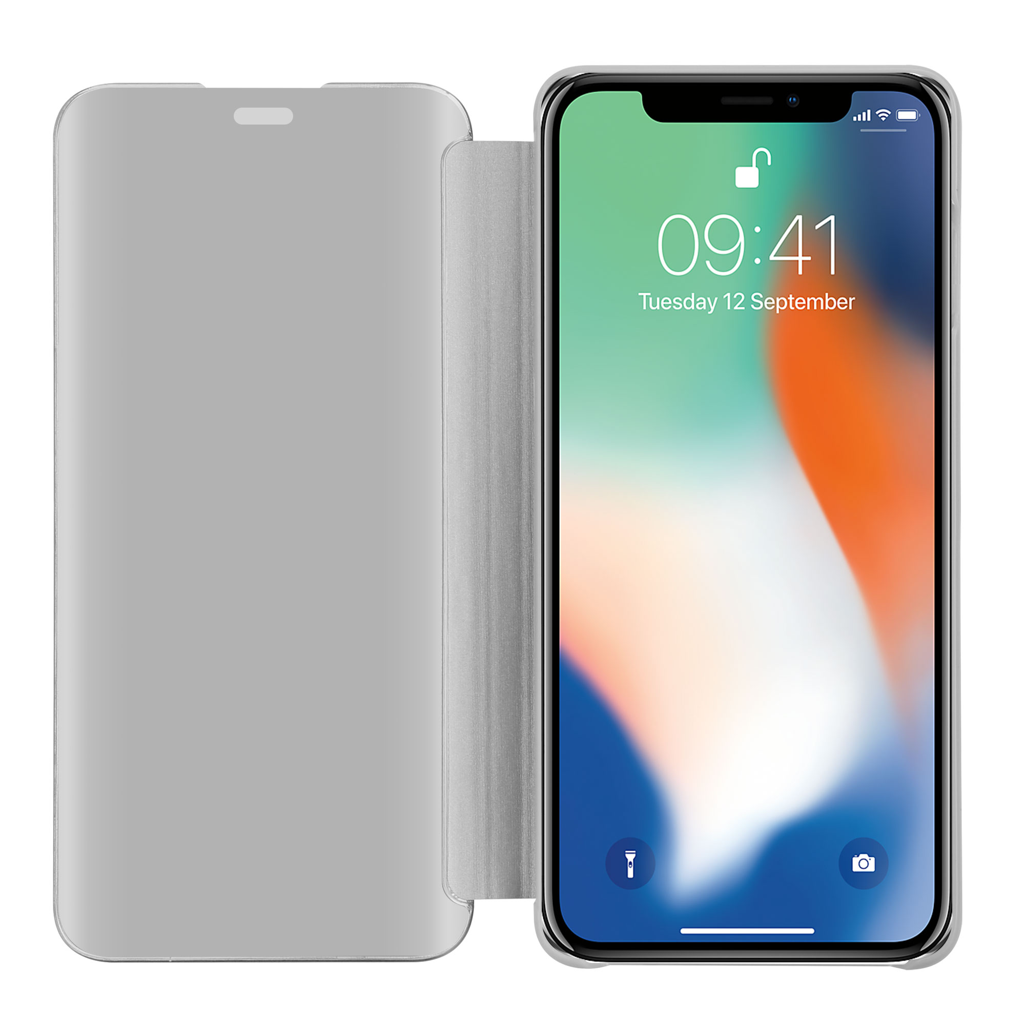 Custodia per telefono con coperchio argento aperto, ora visualizzata sullo schermo.