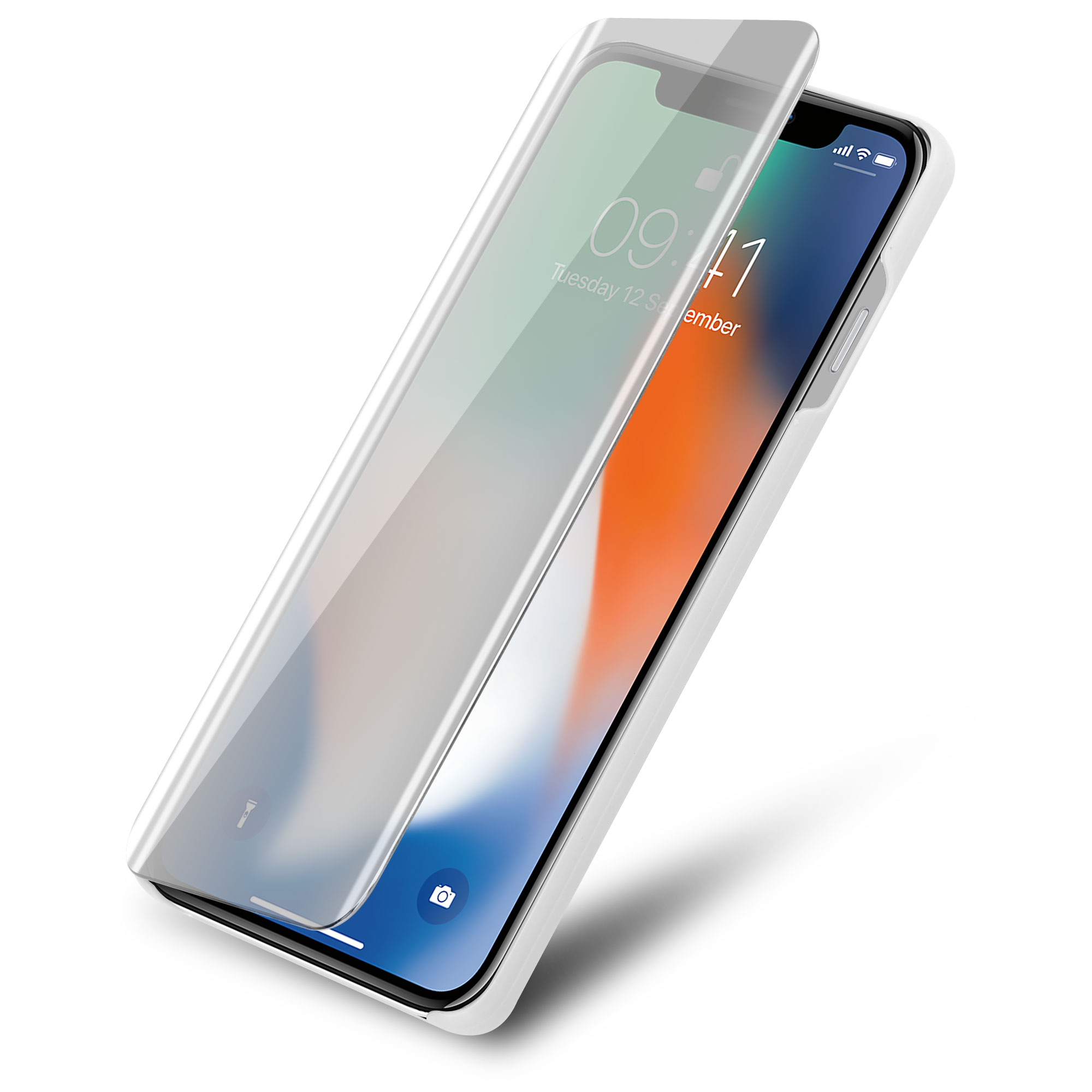 Telefono con custodia bianca, parzialmente coperto da una copertura trasparente. Schermo acceso, ora: 09:41. Sfondo bianco.
