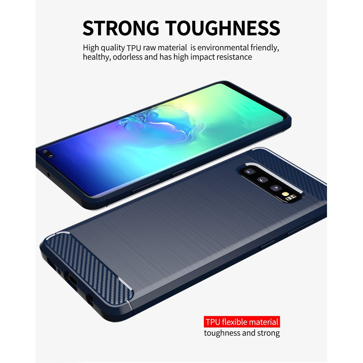 Due custodie per telefono, una sopra l'altra, con un motivo blu e grigio scuro. Il testo sopra dice 'STRONG TOUGHNESS'.