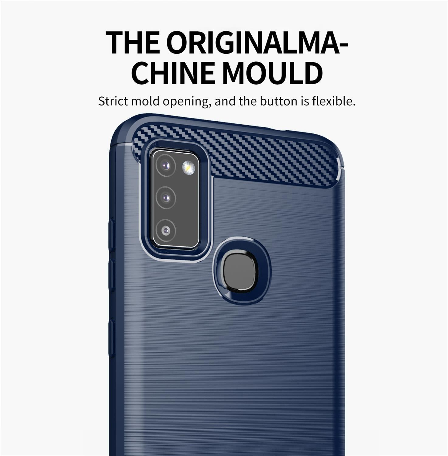 Un primo piano di una custodia per telefono blu scuro con una fotocamera e il testo 'The Original Machine Mould'.