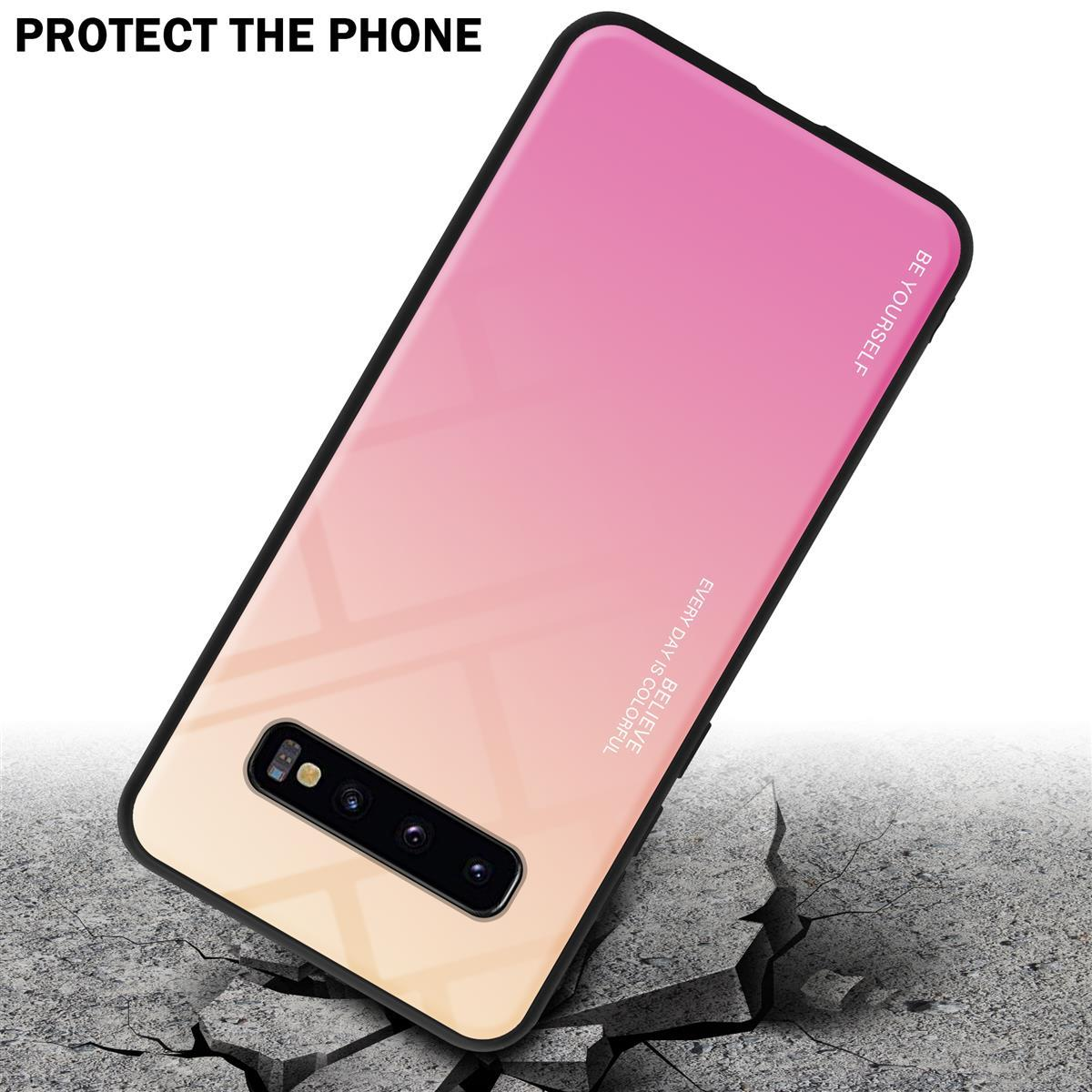 Custodia rosa-gialla su terreno crepato, proteggendo il telefono.