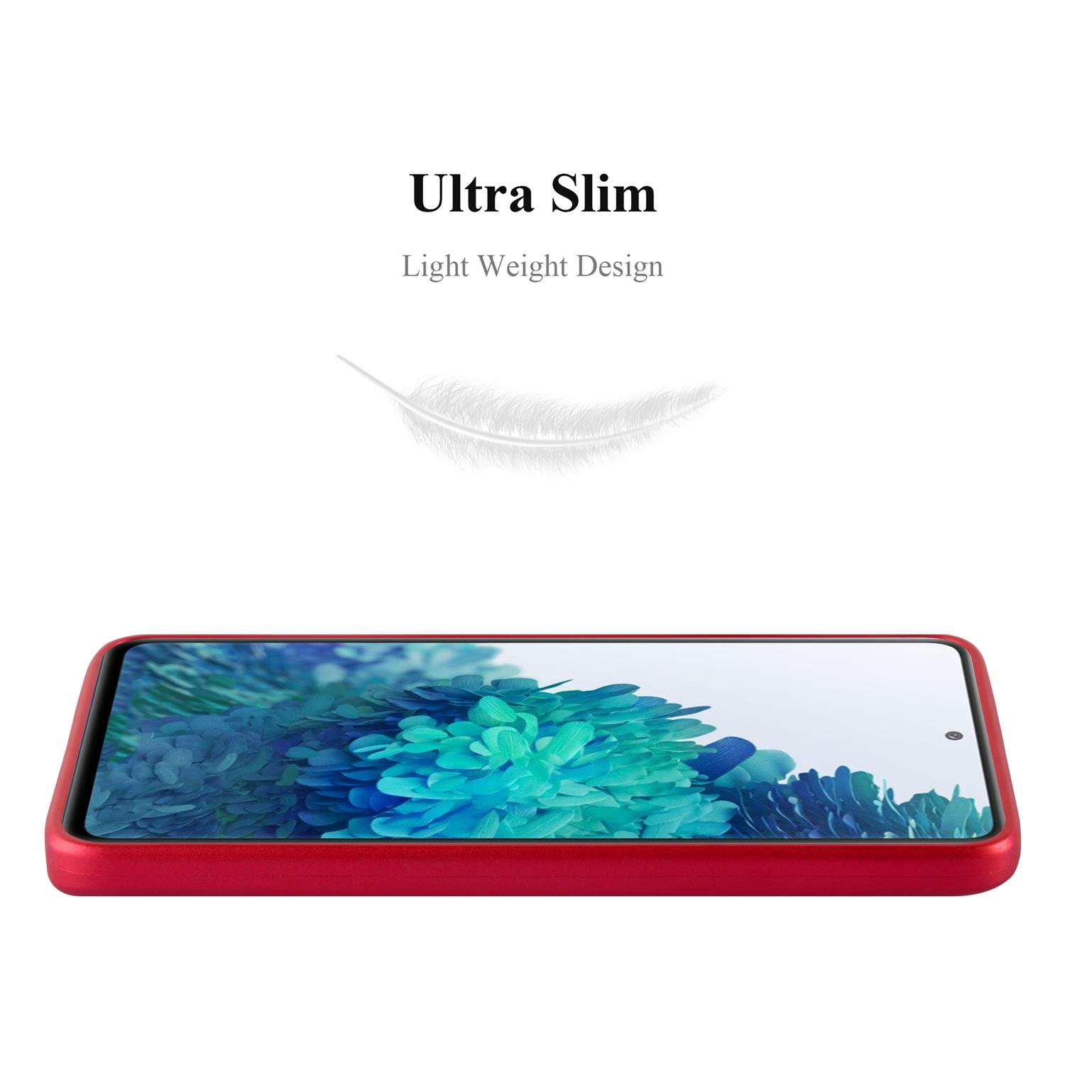 Eine rote Handyhülle. Text: 'Ultra Slim. Light Weight Design'. Telefonbildschirm sichtbar.