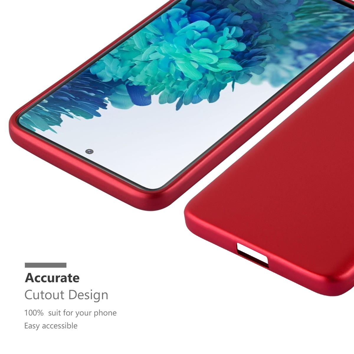 Rote Handyhülle mit einem Telefon darin. Präzise Aussparungen und einfacher Zugriff.