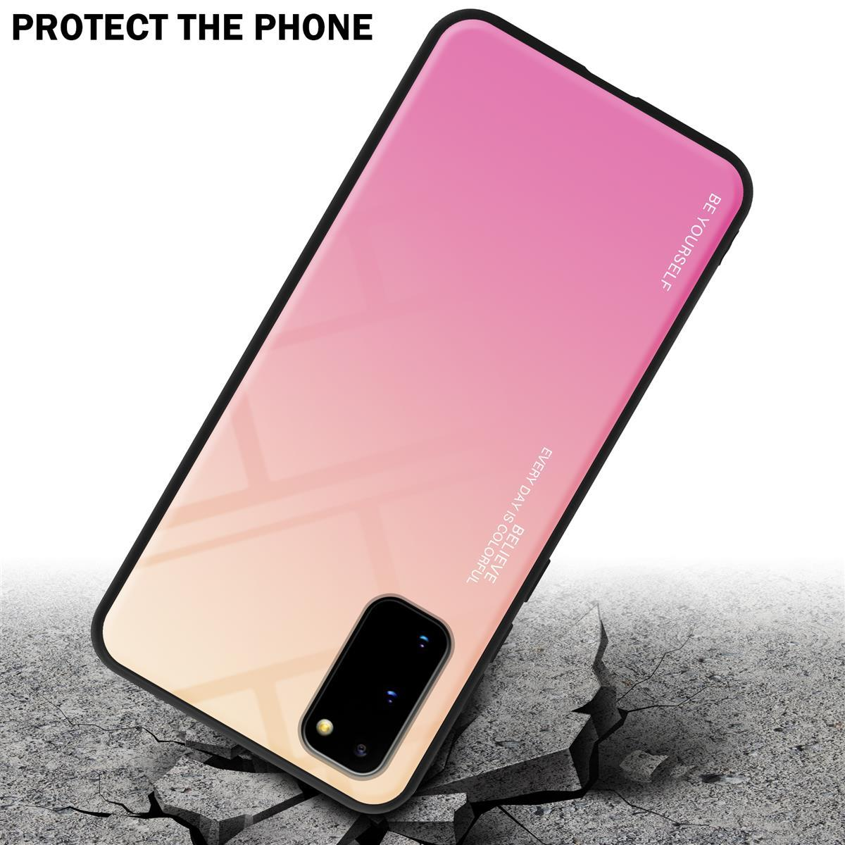 Telefono con custodia sfumata rosa, che rompe una superficie. Il telefono è su una superficie incrinata.