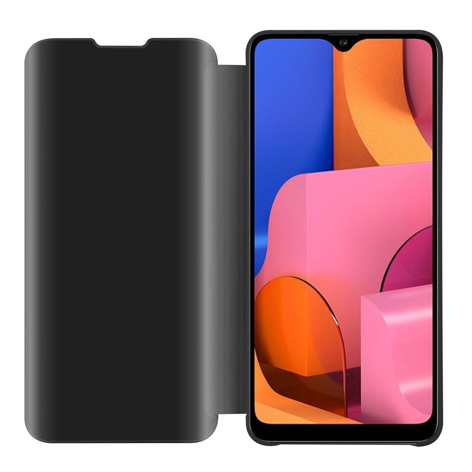 Eine schwarze Handyhülle mit Klappdeckel neben einem Telefon mit rosa und orangefarbenem Bildschirm.