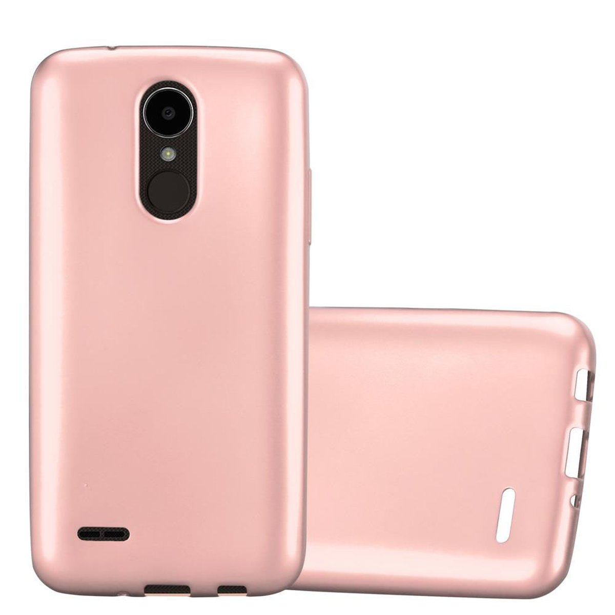 Funda rosa para teléfono, vista frontal y trasera. La funda es lisa y de color sólido.