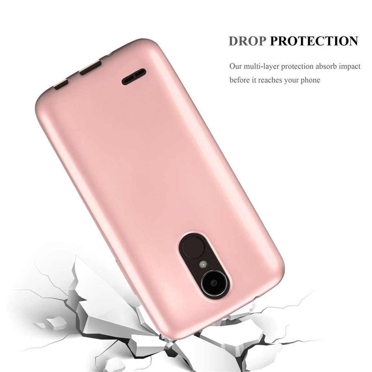 Funda rosa cayendo, efecto de suelo agrietado. Texto: Protección contra caídas.