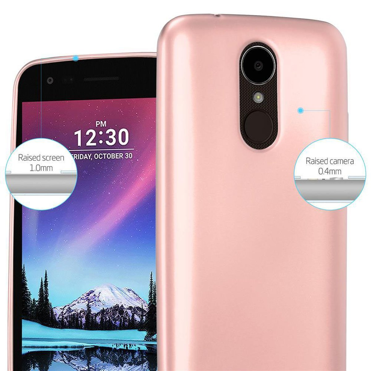 Funda rosa para teléfono, frontal y trasera, con detalles de pantalla y cámara elevados. Teléfono en pantalla.