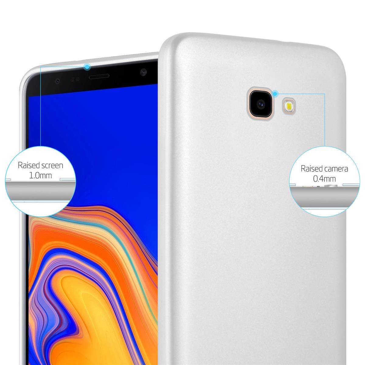 Una custodia per telefono bianca viene mostrata su uno sfondo blu. Il telefono ha uno schermo blu. Testo che descrive le caratteristiche.