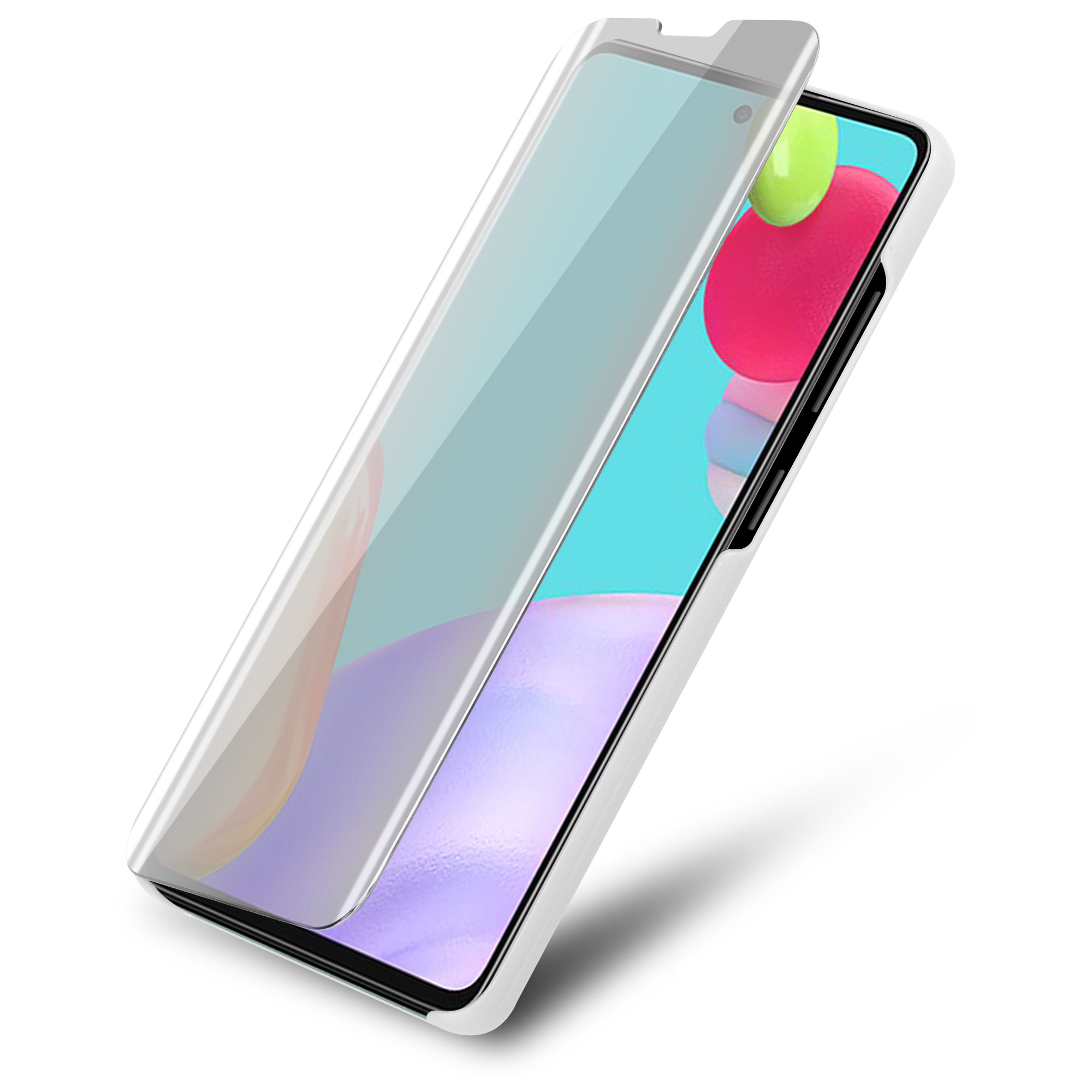 Un telefono bianco con una protezione per lo schermo. Il telefono ha uno sfondo rosa e verde.