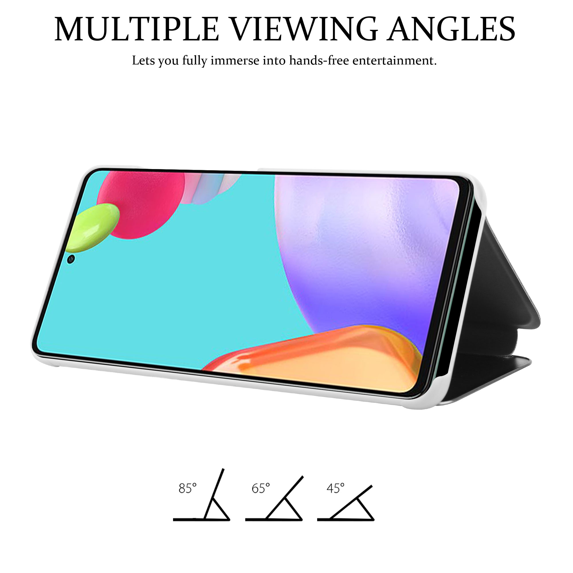 Un telefono in una custodia, mostrato in diverse angolazioni, con il testo "MULTIPLE VIEWING ANGLES".