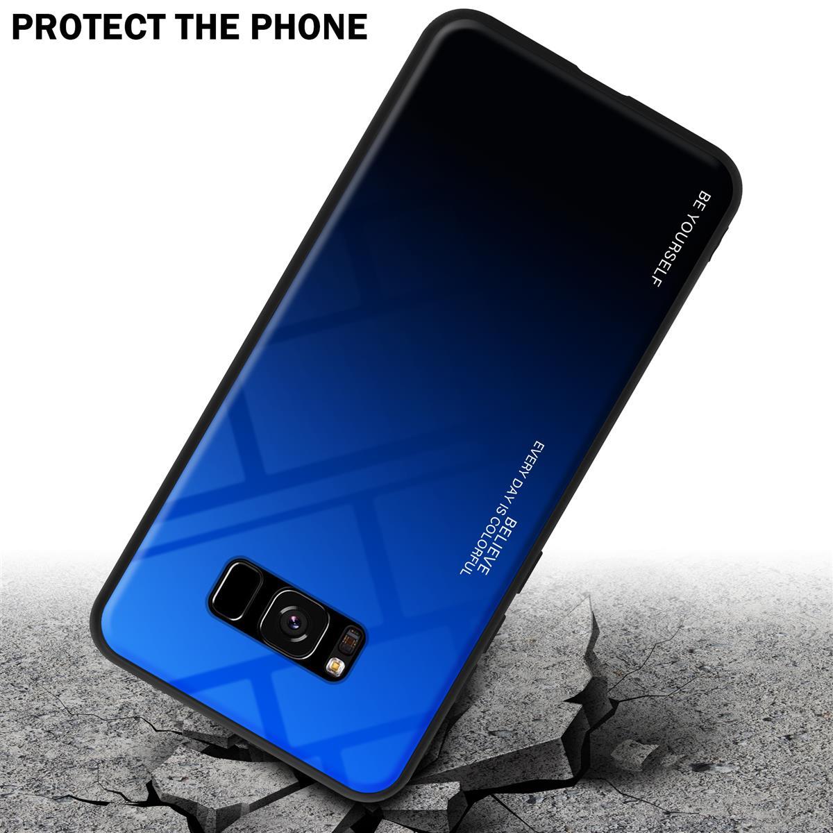 Custodia per telefono con gradiente blu-nero. Testo sulla custodia: 'BE YOURSELF', 'EVERY DAY IS COLORFUL'.