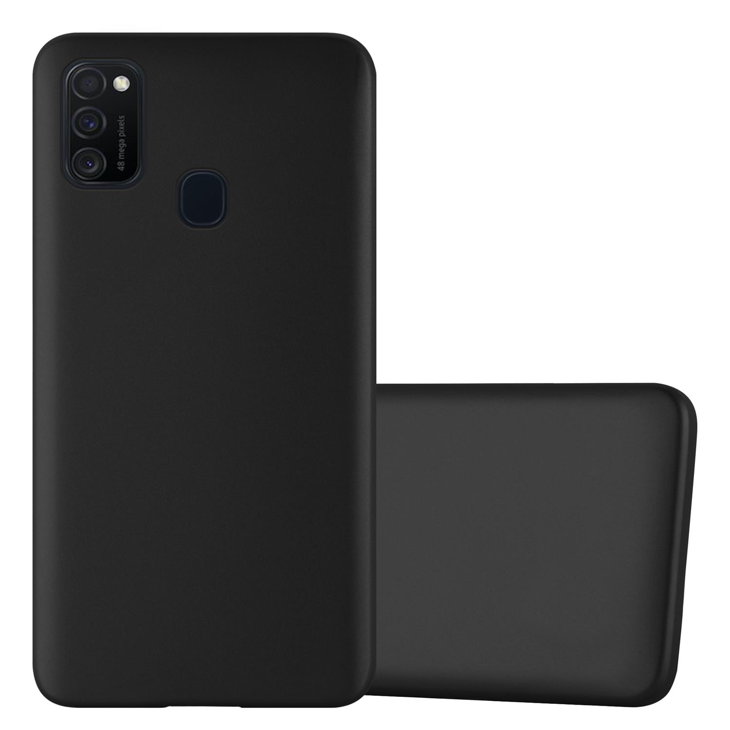 Funda negra para teléfono, con matriz de cámara, junto a una funda similar.